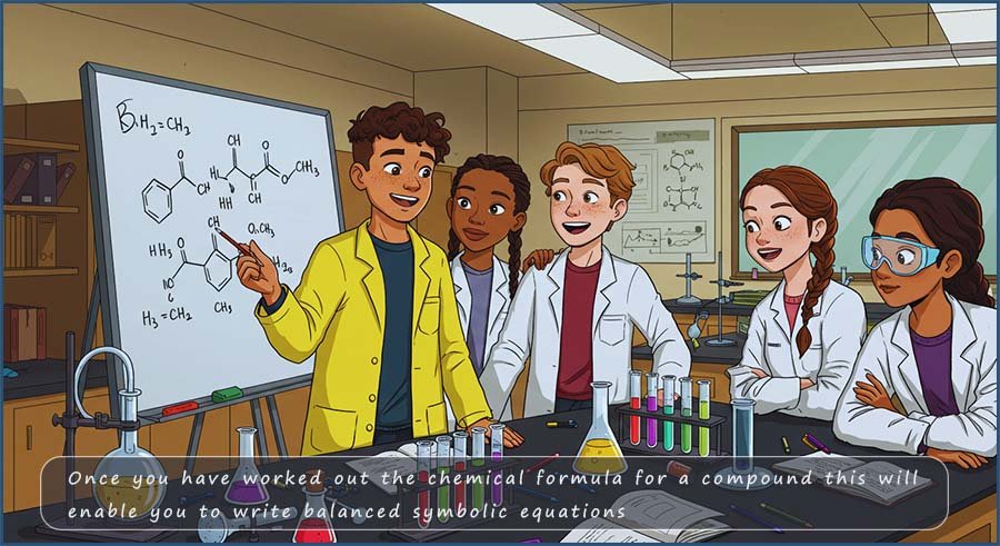 Image shows students working out chemical formula for compounds and writing balanced symbolic equations.